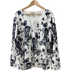 ST JOHN’S BAY Coastal Floral Lightweight Knit Sweater SZ 1X Black White Crochet